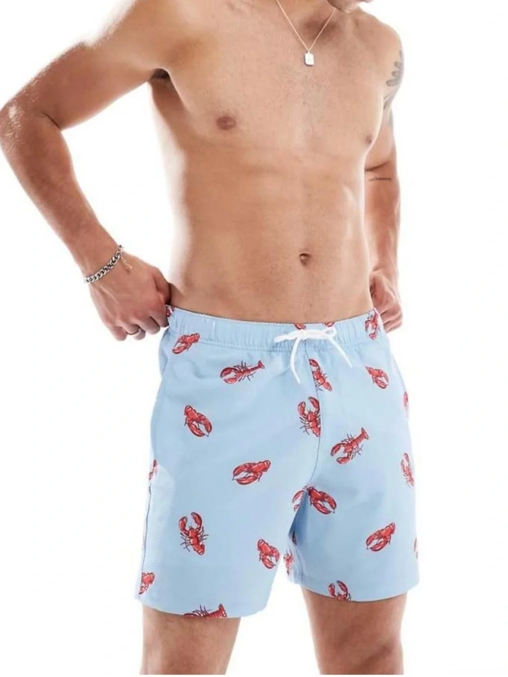 Hollister Men's Mid-Thigh Seersucker Lobster Swim Shorts Lined Small Blue & Red